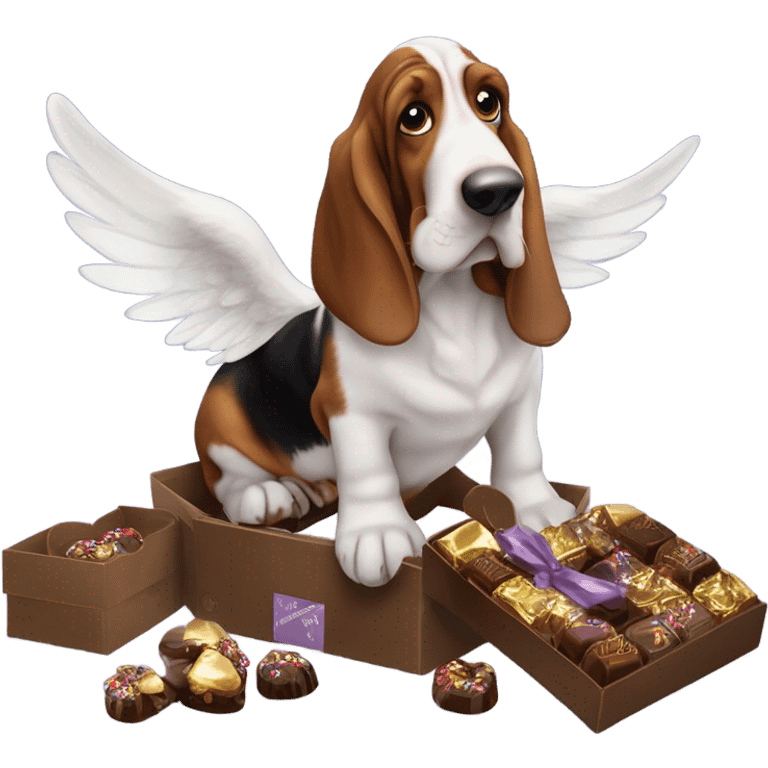 Elderly Basset hound with angel wings eating a box of chocolates emoji