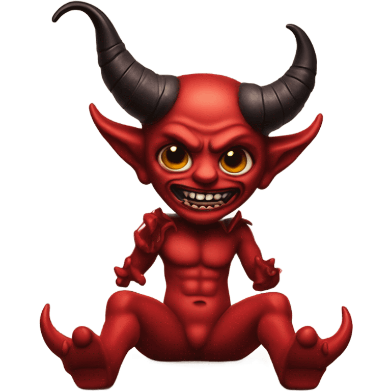 Red horned Satan doll swinging legs falling off a shelf  emoji