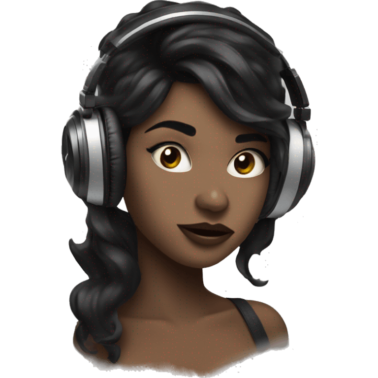 A girl with black hair with wind blowing through her hair listening to music with wire headphones and nude lipstick on emoji