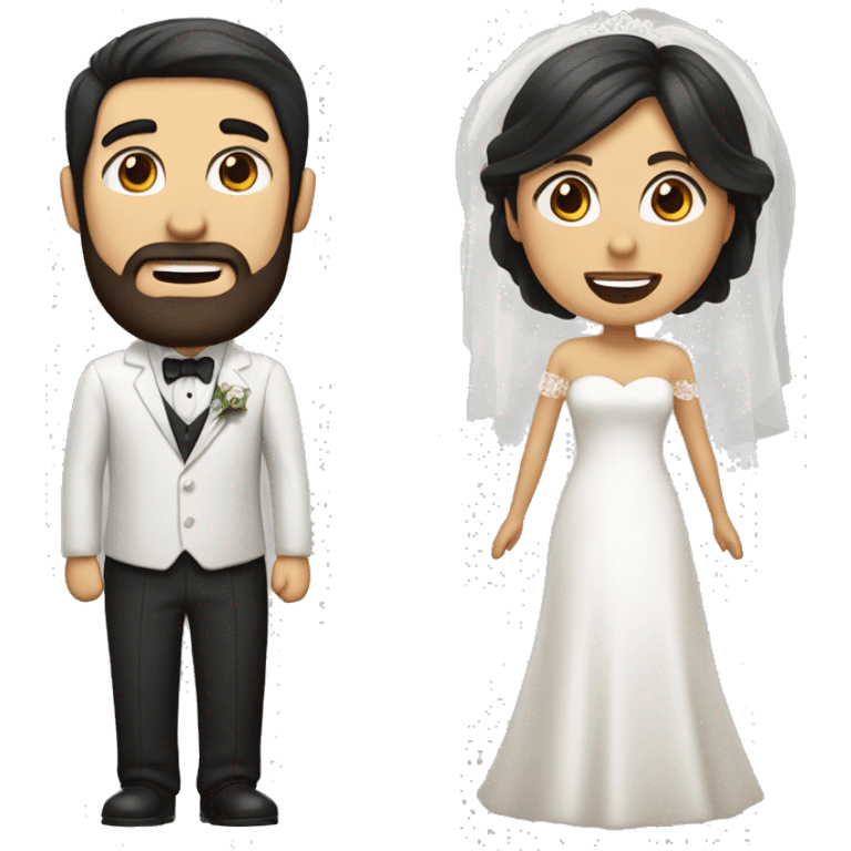 a bride and groom emoticon of a dark-haired woman with loose hair and a dark-haired man with a beard and white skin emoji