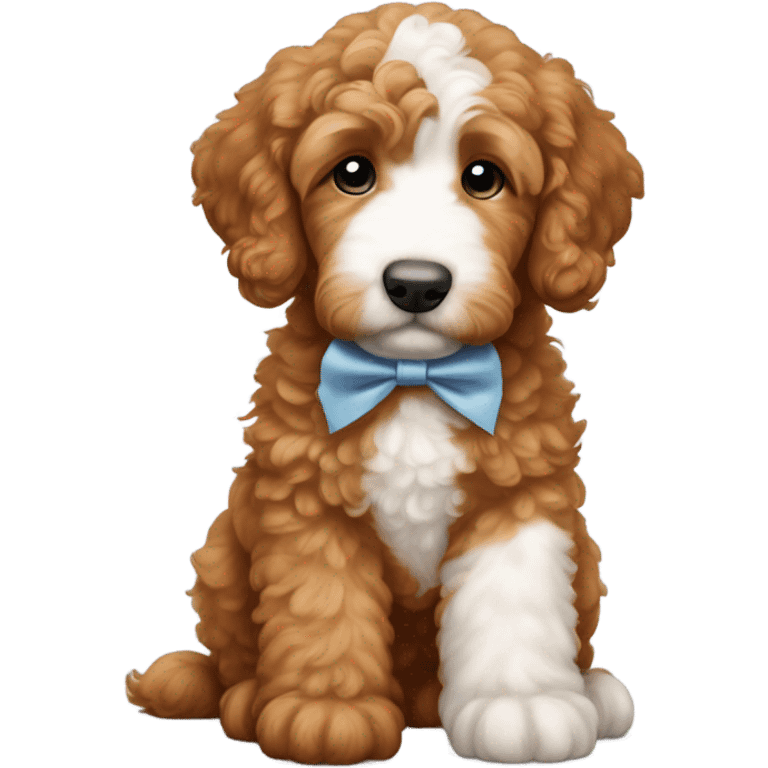 Red goldendoodle puppy white patch on head & bow on head emoji