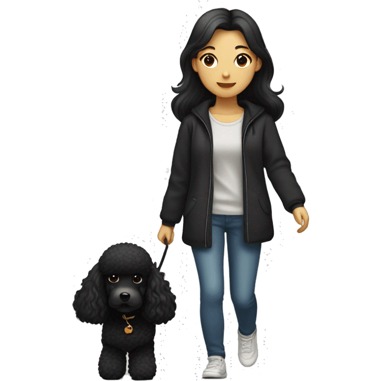 One Korean girl with black long straight hair with one medium black poodle is walking. emoji