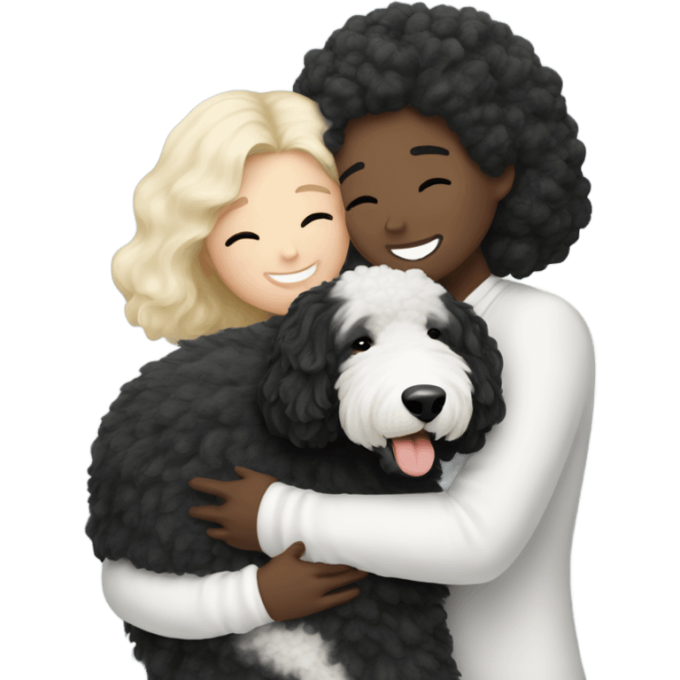 black-short hair-sheepadoodle-having-a-really-big-cuddle-with-white-lady-with-blonde-long-hair emoji