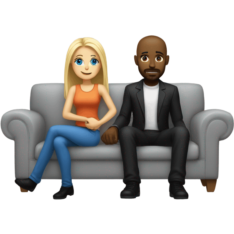 Blonde woman with blue eyes and long straight hair and black man who is bald with a goatee seated together on a sofa with their legs touching and their arms around each other.   emoji