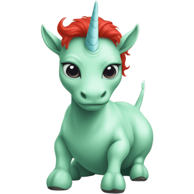 [politically incorrect
	{ woman: alien, color: light green, hair:red, eyes:cat} ]
	on a 
	[{ unicorn: white, legged:four, mane: light blue }] emoji