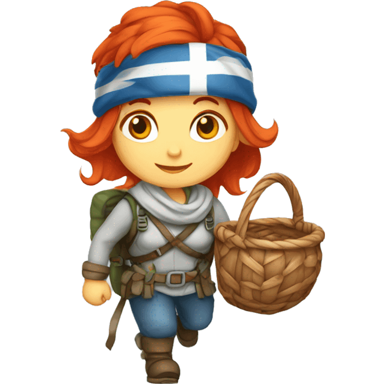 red hair female winter mountaineer climbing with Easter eggsbasket and Greek flag emoji