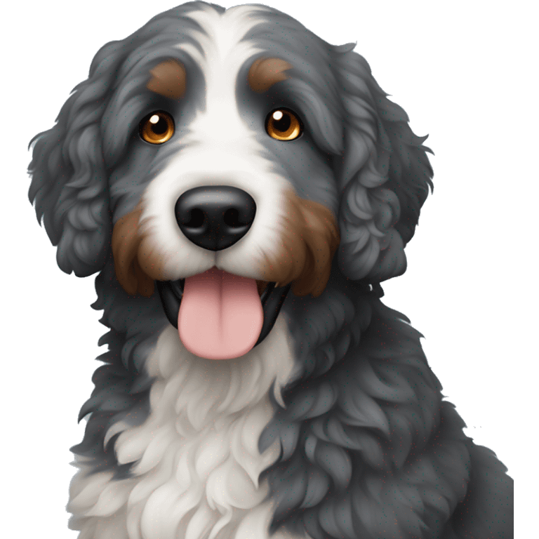 dark grey Bernedoodle with one brown eye and one blue eye emoji