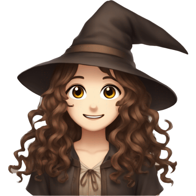 anime girl long brown wavy hair, brown eyes, witchy style, happy emoji