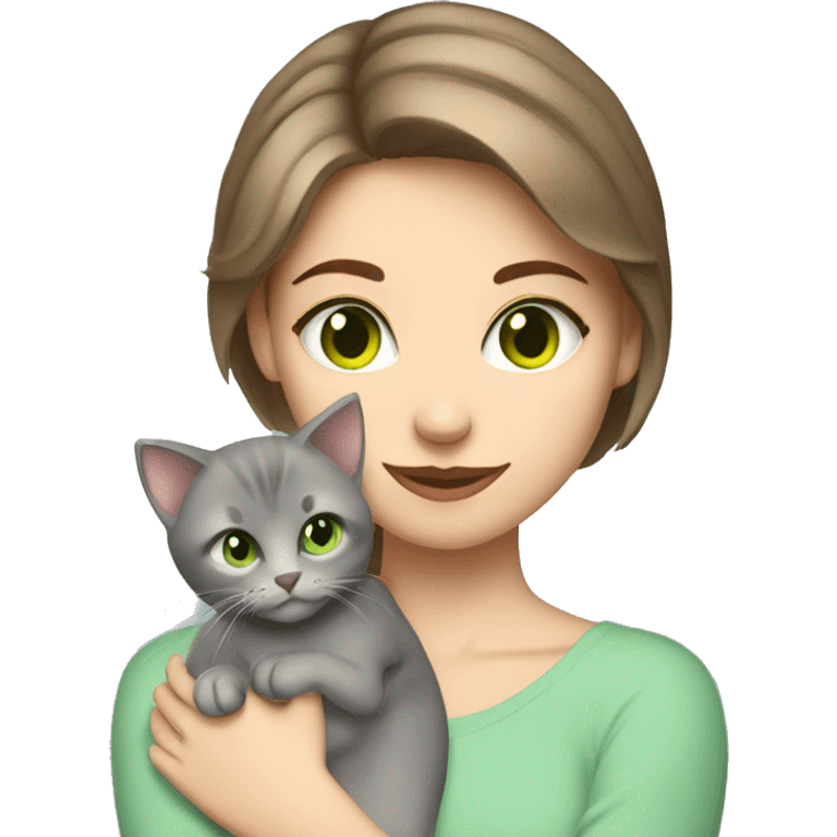 blue eyes grey kitten hugging brown short hair green eyes woman emoji