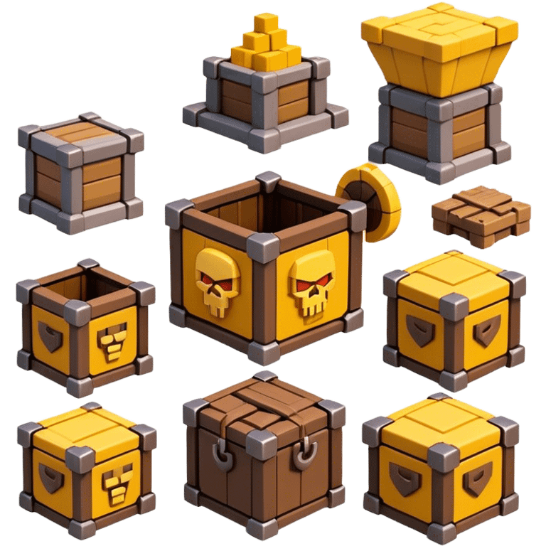 Clash of Clans aesthetic: Cinematic Playful Pixel 3D loot crate Emoji, rendered in a 3D vector-style similar to standard emojis with minimal shading and bold, simplified shapes. A compact, distinct form with signature details, softly glowing with a pixelated adventure charm. Simplified yet unmistakably iconic, highly detailed and consistent, glowing with a soft radiance and high shine. Stylized with a touch of classic pixel-art charm and a soft glowing outline, capturing the essence of a beloved gaming relic with a friendly, playful manner! emoji