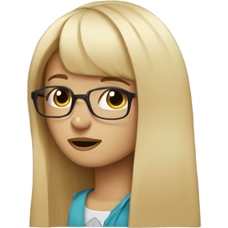 Girl blonde straight hair with bangs and glasses crying with a suitcase emoji