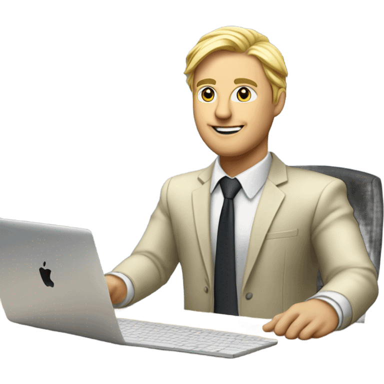 male ,Desk with macbook and pcb, european blond with classs emoji