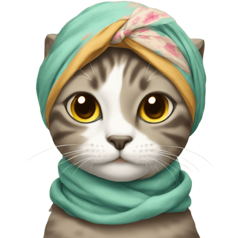 Cat wearing a headscarf tied under the chin emoji