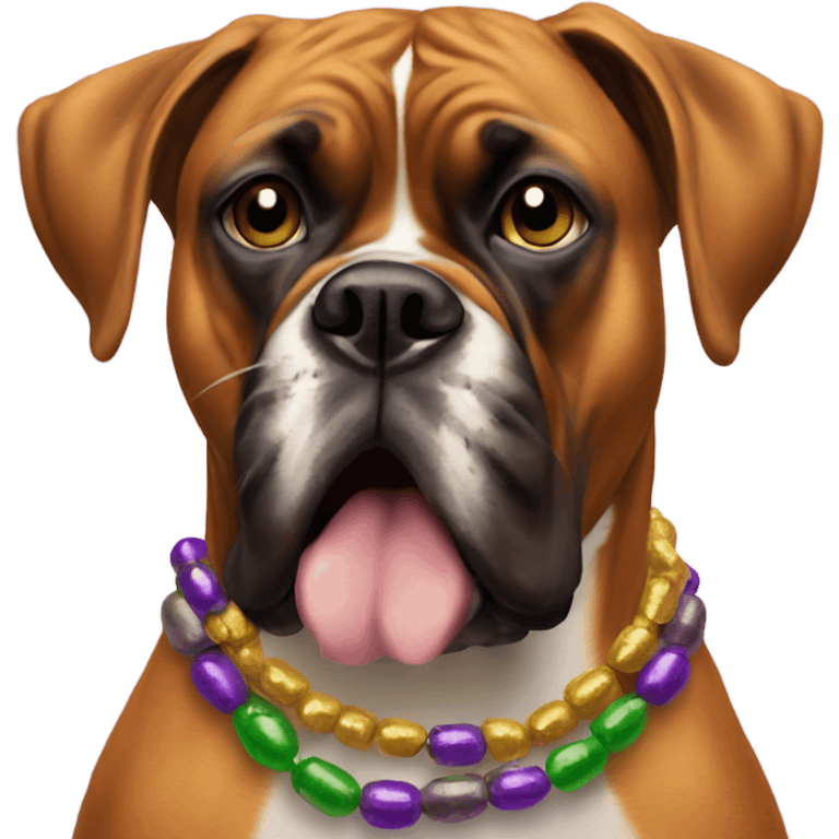 Boxer dog with Mardi Gras beads eating beignets  emoji