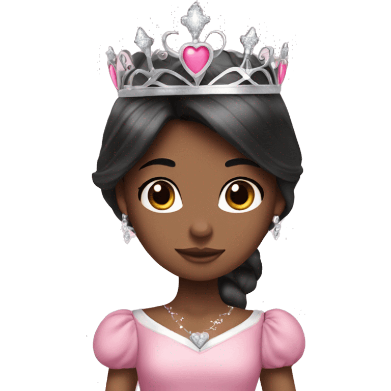 Princess girl long black hair with bang with silver pink heart tiara and pink dress emoji