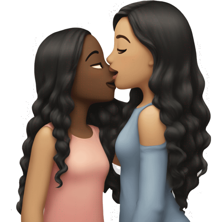 A girl kissing another girl on the cheek, both are blushing. They both have white skin and long black hair emoji