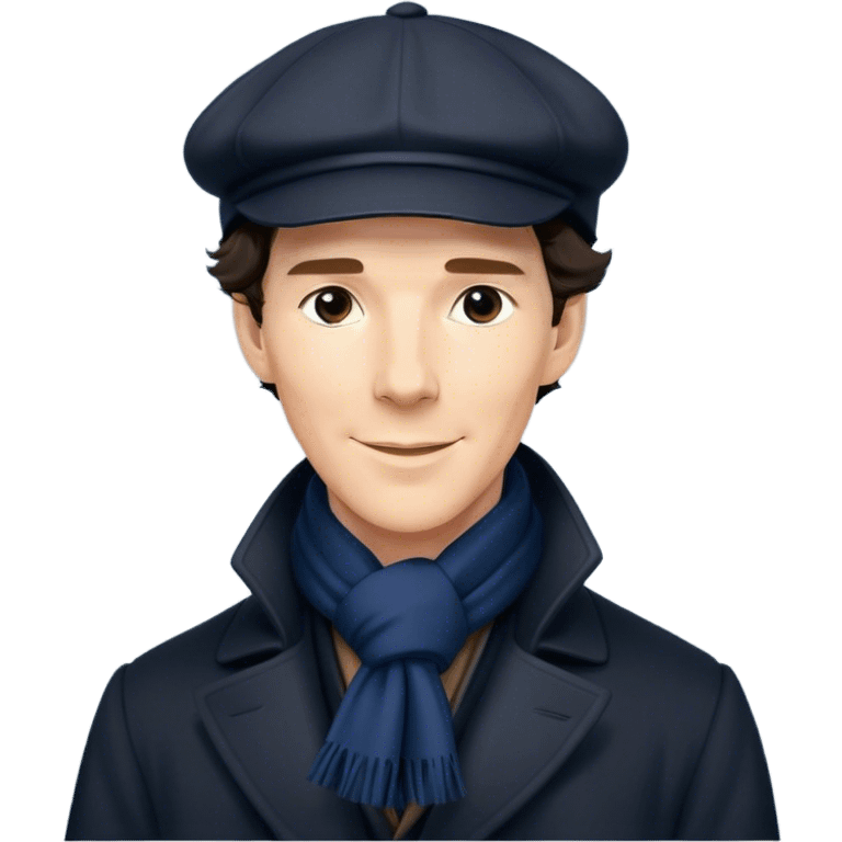 sherlock holmes benedict cumberbatch smile, wearing a deerstalker hat, Long dark coat, Dark suits, dark Blue scarf emoji