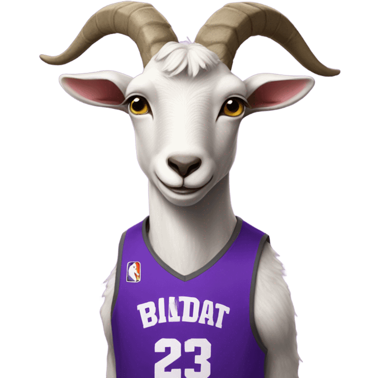 A goat with a purple basketball jersey with the number 23 emoji