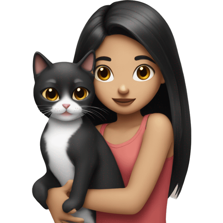 girl with straight black hair cuddling black and white cat with tongue out emoji