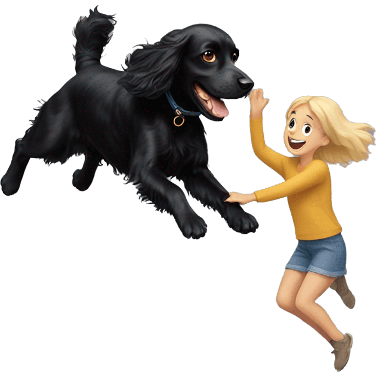 Black  spaniel jumping for a stick with blonde girl emoji