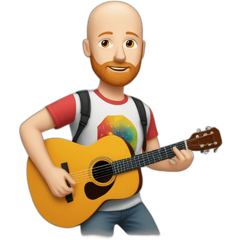 white bald guy with ginger beard playing acoustic guitar wearing a colorful t shirt emoji