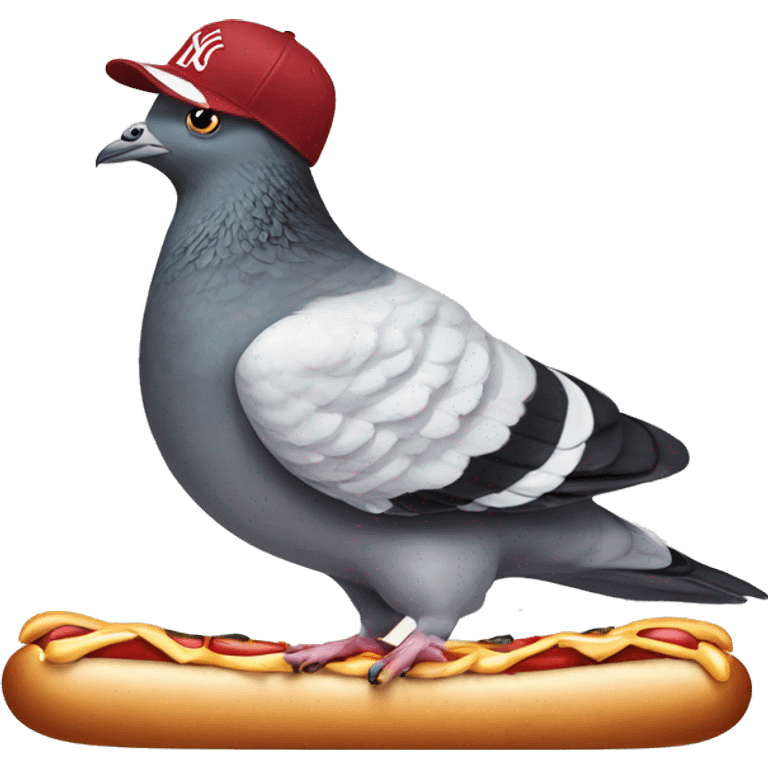 pigeon wearing New York yankee hat while standing on top of a hotdog emoji