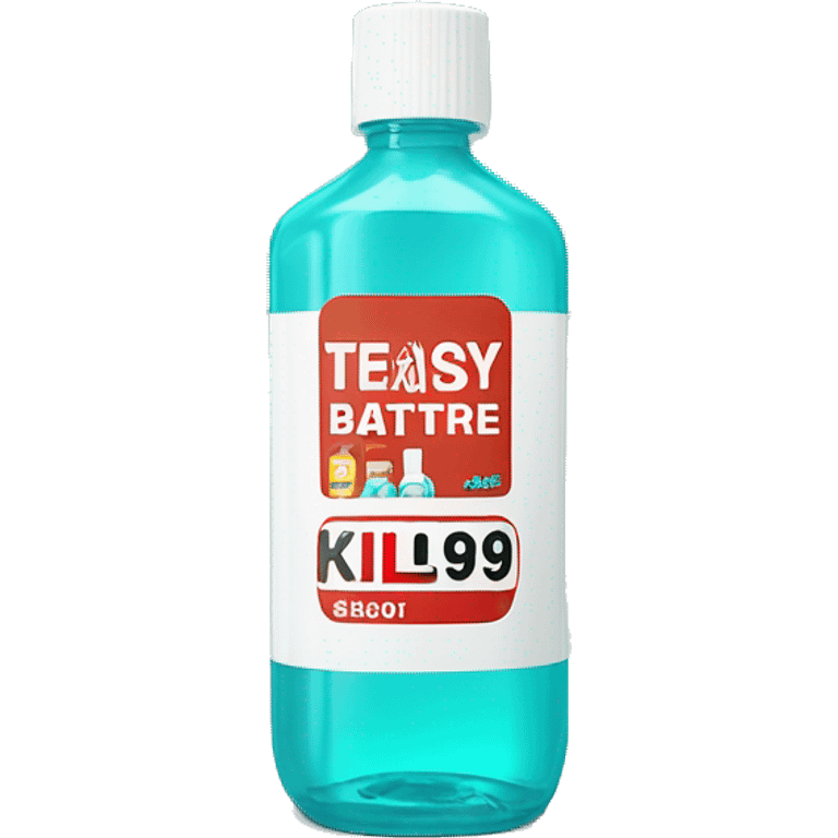 Turquoise Mouthwash bottle with white stickers and brown tap . the white stickers have small red letters that say kills 99% of batería  emoji