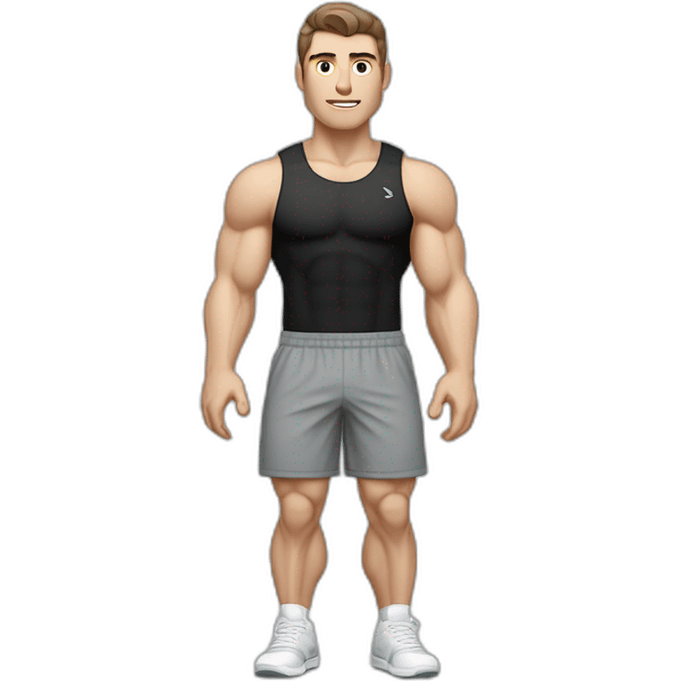 Pale skinned Fit Man With the biceps and dark brown hair in black shirt, gray sports shorts and white Sneakers Relies on the crossbar emoji