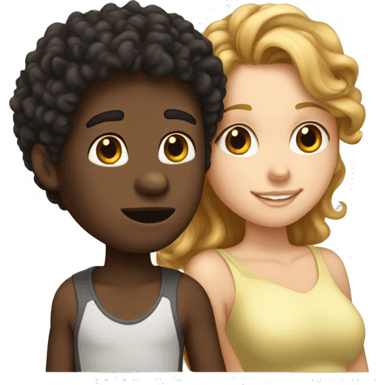 A black boy with curly hair kiss white girl with brown hair emoji