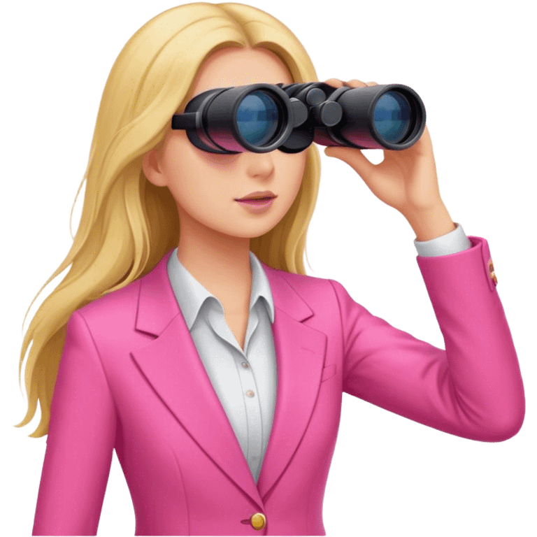 woman with long hair in an intensive color pink suit looking through binoculars emoji