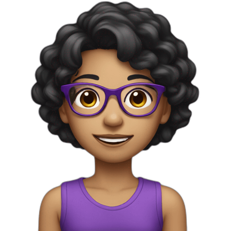 With Girl with loose black hair and purple glasses, smile, black eyes, emoji