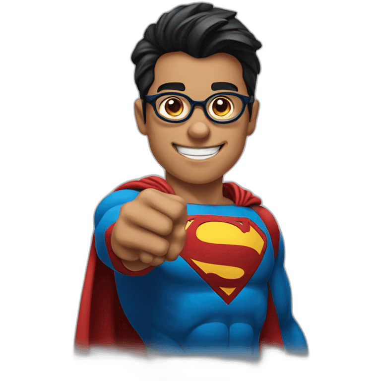 superman with eyeglasses teen smile, pointing at his eyeglasses with both thumbs emoji