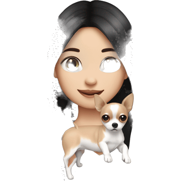 long black hair Thai girl with white and black long hair chihuahua waving emoji