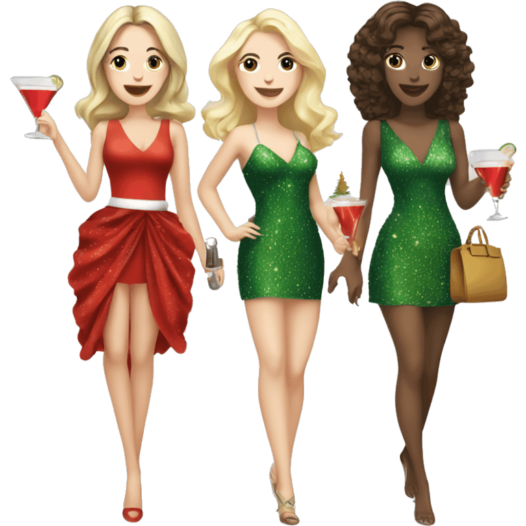 2 brunette white girls and 1 blonde white girl drinking cocktails together wearing Christmas tree dresses emoji