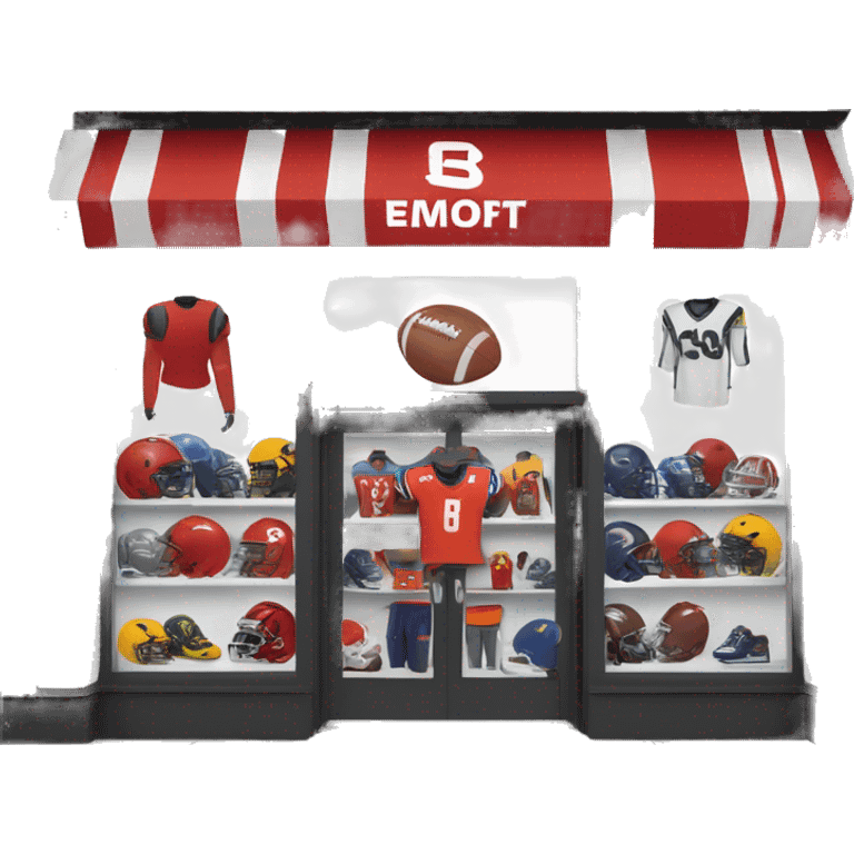 “Football store exterior with bold signage, large windows showcasing football gear, jerseys, and accessories, and a dynamic, athletic design reflecting the energy of the sport.” emoji