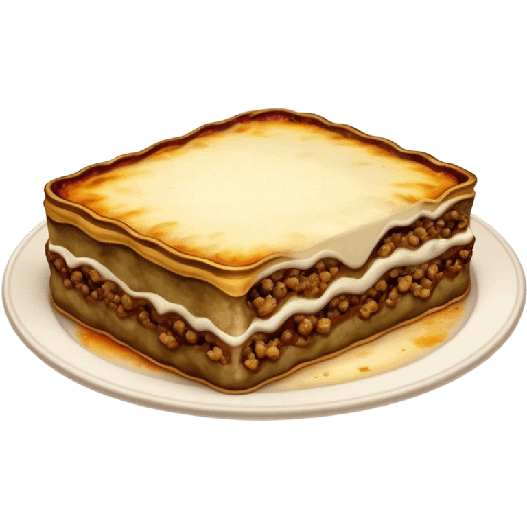 Moussaka Cinematic Realistic Moussaka Dish Emoji, depicted as a rustic serving of moussaka with layers of soft eggplant, ground meat, and a creamy topping featuring a delightfully crispy corner, rendered with rich textures and warm, inviting lighting. emoji