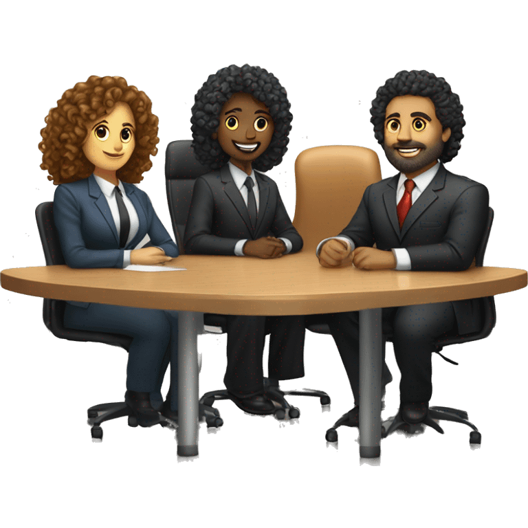 work meeting table 3 men and 4 women sitting on a table wearing suits the women have curly hair and one of the men is fat with a beard and of them is tanned with curly hair emoji