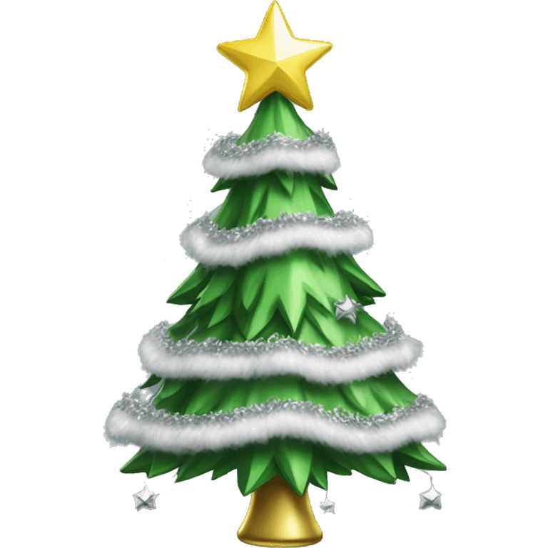 A green Christmas tree with silver and green bells and white tinsel  emoji