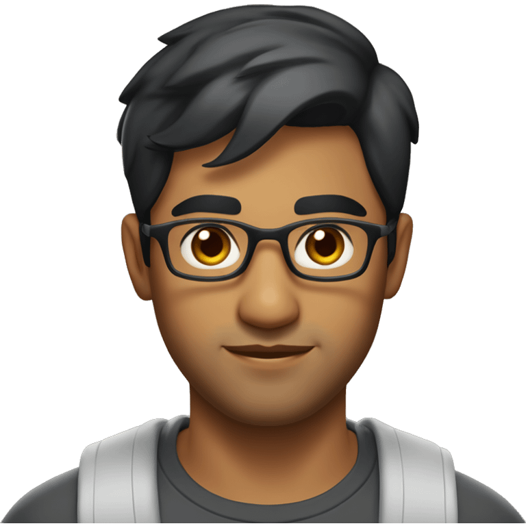 A head and shoulders shot of a 32 year old South Asian man, with short black hair,  wearing glasses with brown eyes wearing a t-shirt. emoji