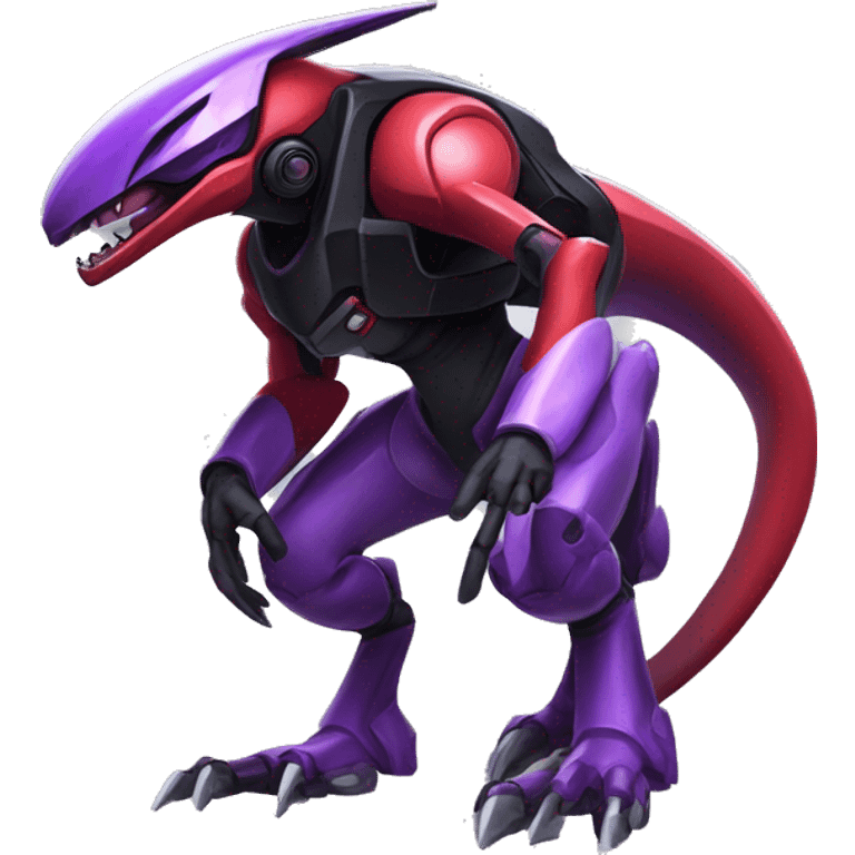 a shiny black-red-purple Genesect-Raptor-Fakémon—hybrid with a futuristic visor-helmet full body emoji