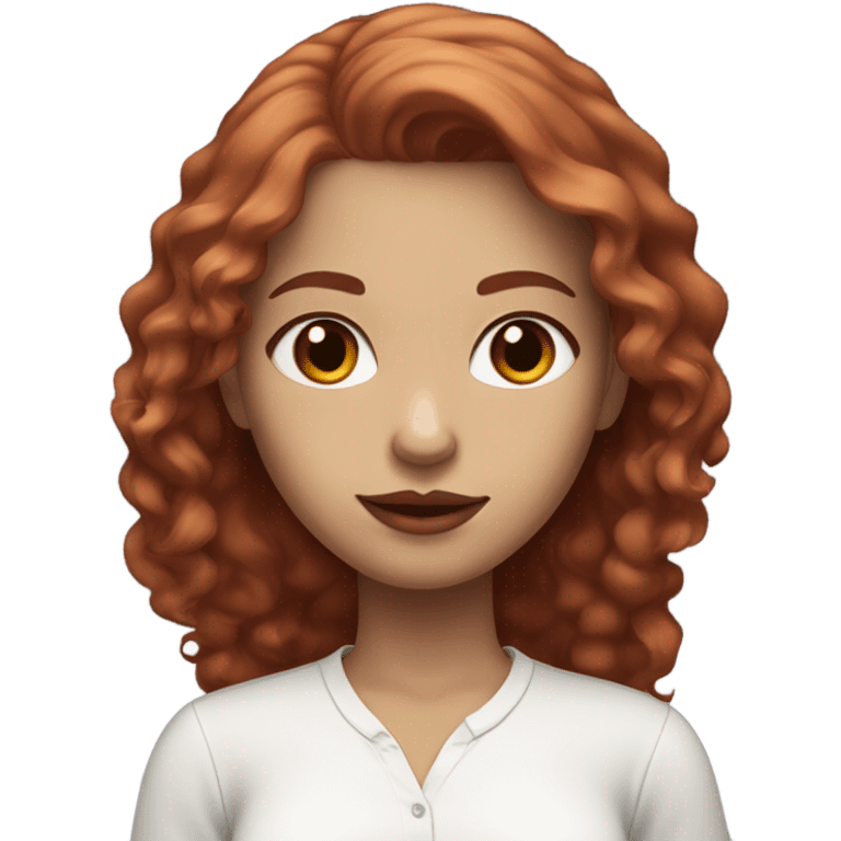 long red wine haired girl with white light skin, brown eyes and pink lips wearing a white shirt emoji