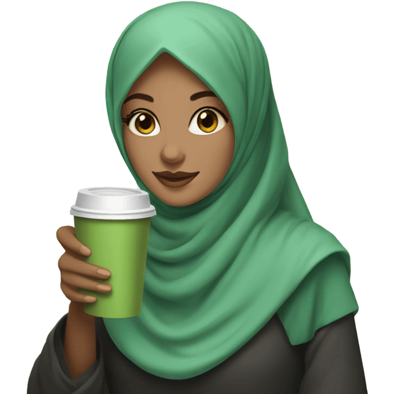 A girl in a hijab with a fair face and brown eyes holds matcha coffee in her hands emoji