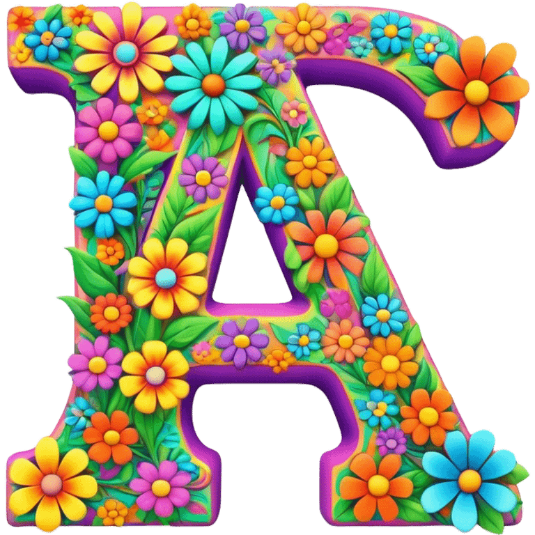 3D style, psychedelic colored Letter A, with hippie style flowers emoji