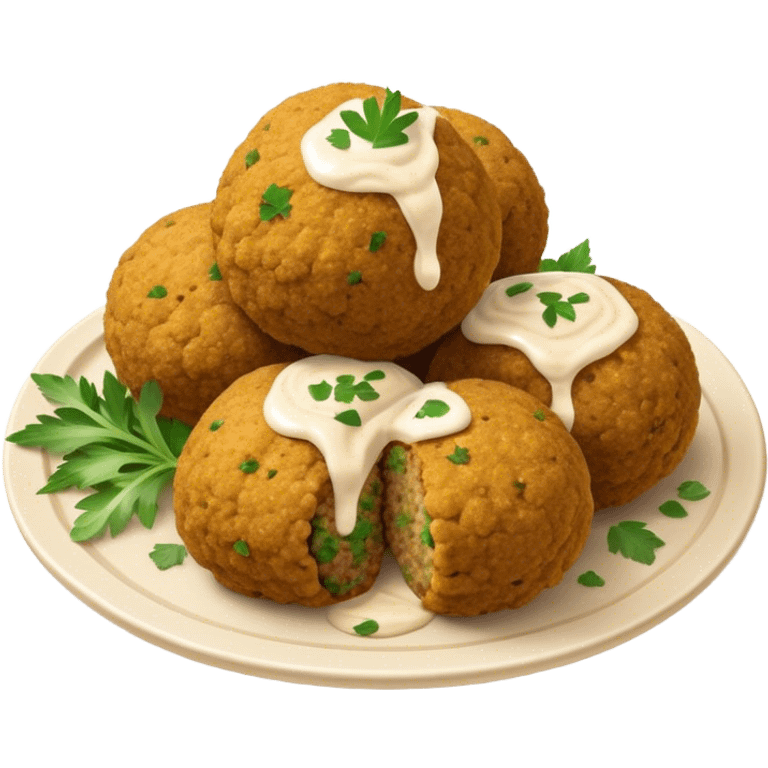 Cinematic Realistic Falafel Dish Emoji, depicted as crispy, golden falafel balls served with tahini sauce rendered with lifelike textures and vibrant, appetizing lighting. emoji