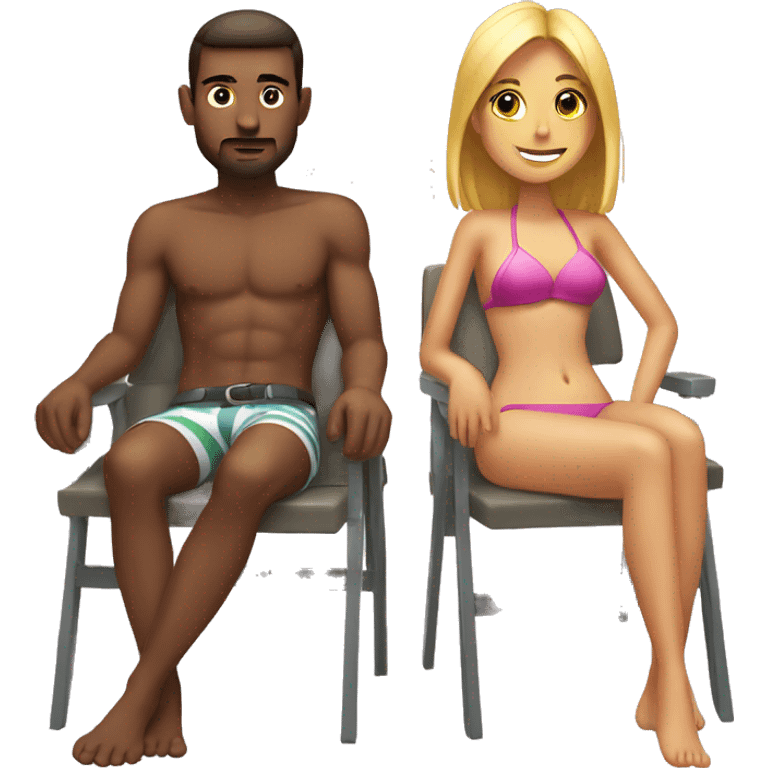 girl with bikini on sitting on a chair with a male sitting next to her emoji