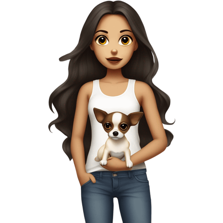 A girl with long very dark brown hair, big brown eyes, very big lips wearing a white singlet top, she is holding a very small  chihuahua that is only yellow in colour emoji