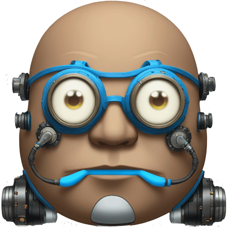 Fat bald cyborg head with blue steampunk goggles, brown beard and circuits emoji