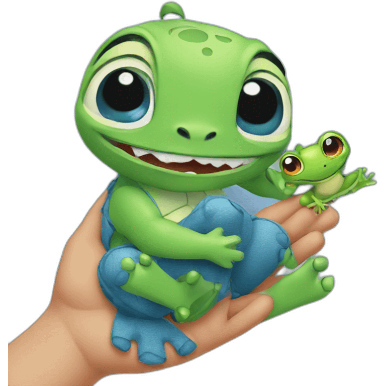 Stitch having frog in his hand emoji