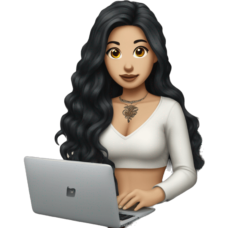 beautiful girl, with tattoos, with long black hair, wavy hair, chinese, with laptop emoji