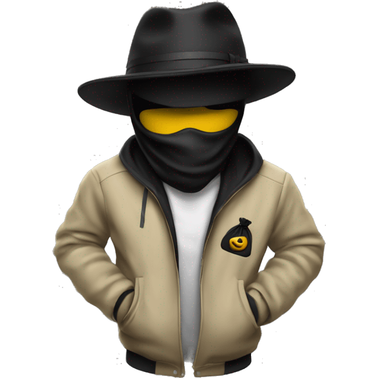 person whit a blak mask tht only covers his eyes and a white and black lined jacket and a black hat and money bag emoji